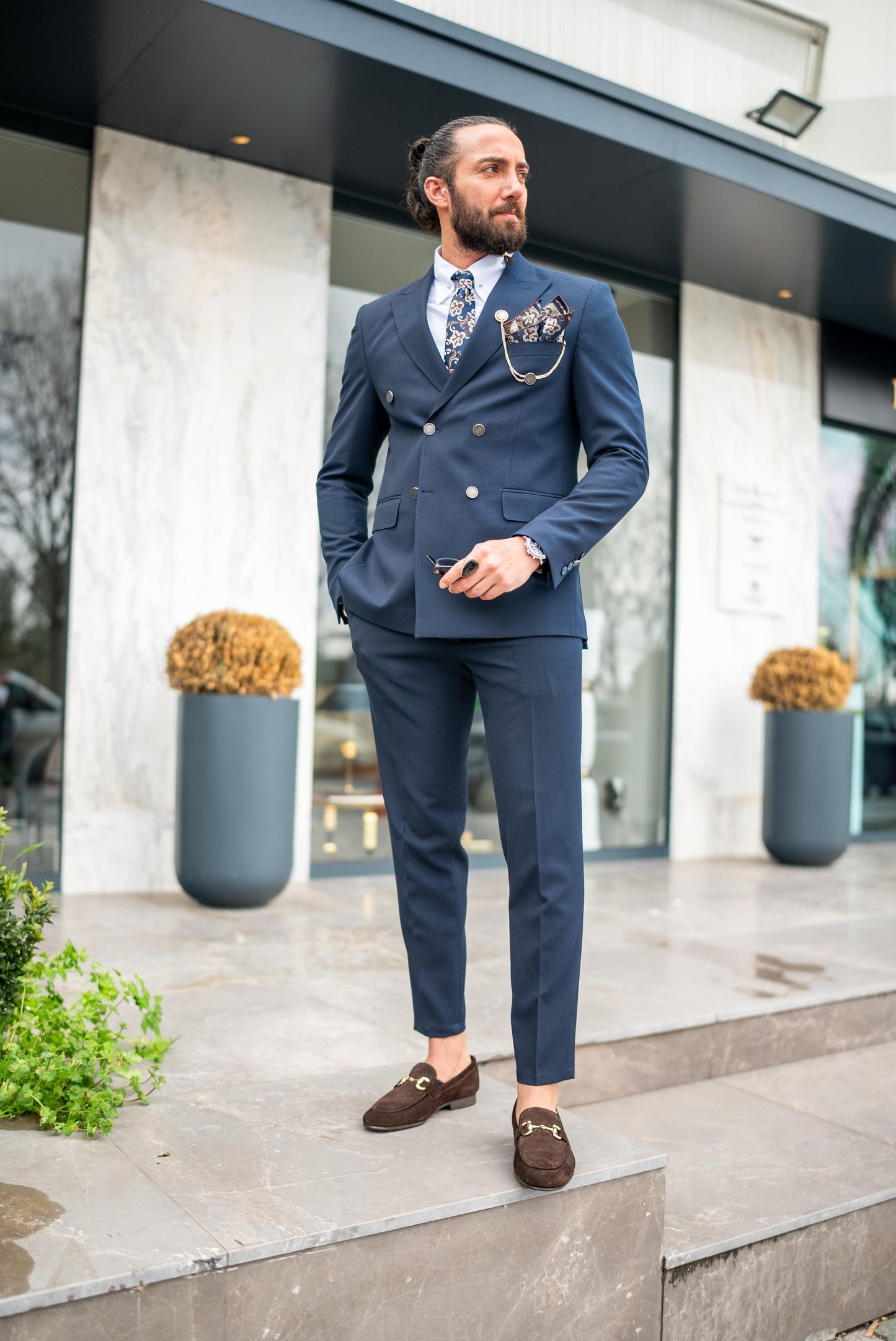 Blue Slim Fit Double Breasted Suit