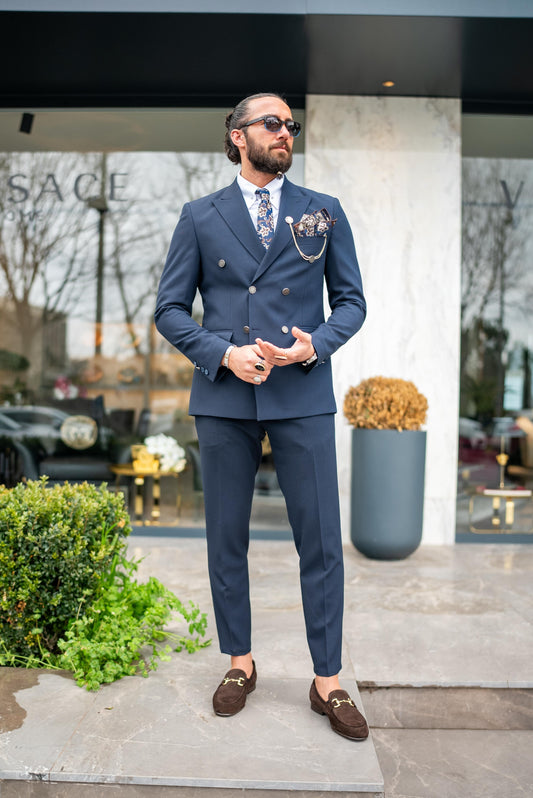 Blue Slim Fit Double Breasted Suit