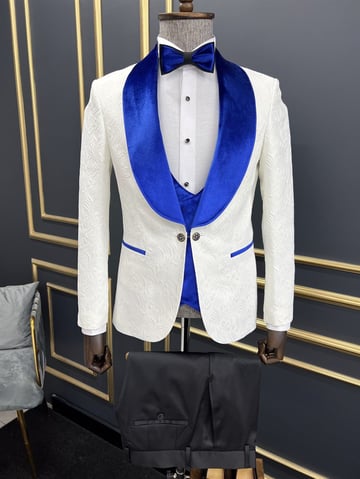 Blue Velvet Collar and Double-Button Groom Suit