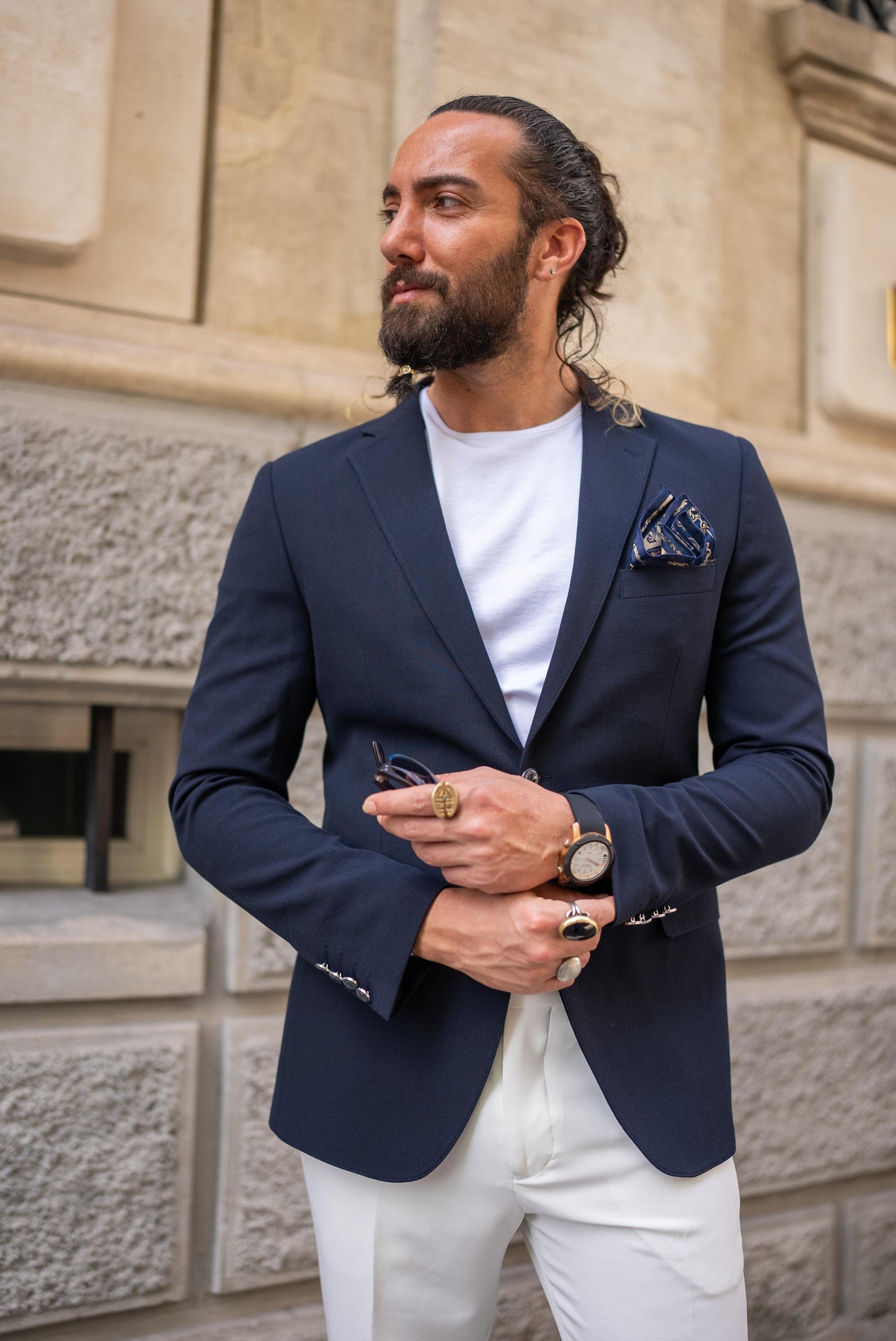 Navy Blue Slim Fit Mono Collar Blazer