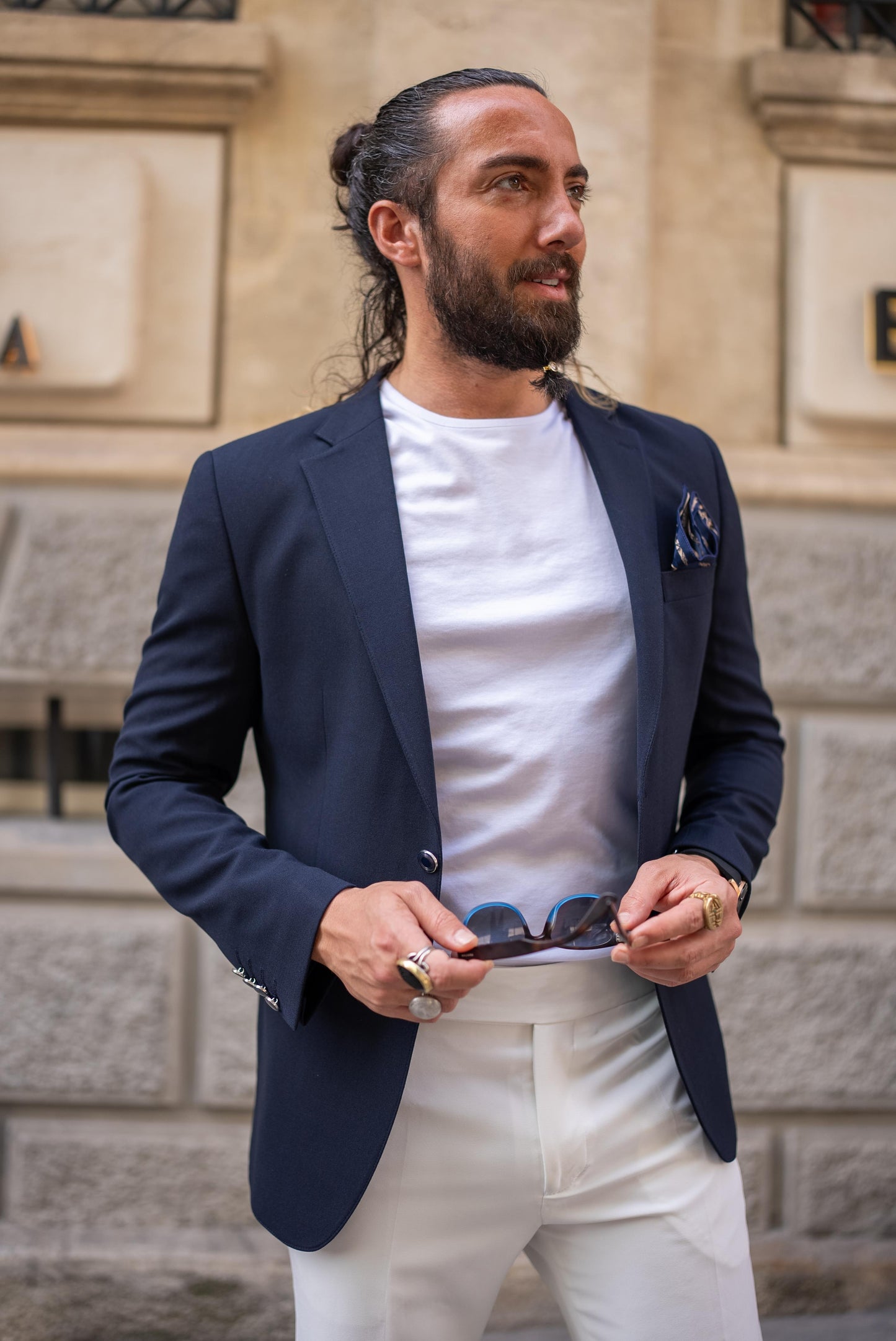 Navy Blue Slim Fit Mono Collar Blazer