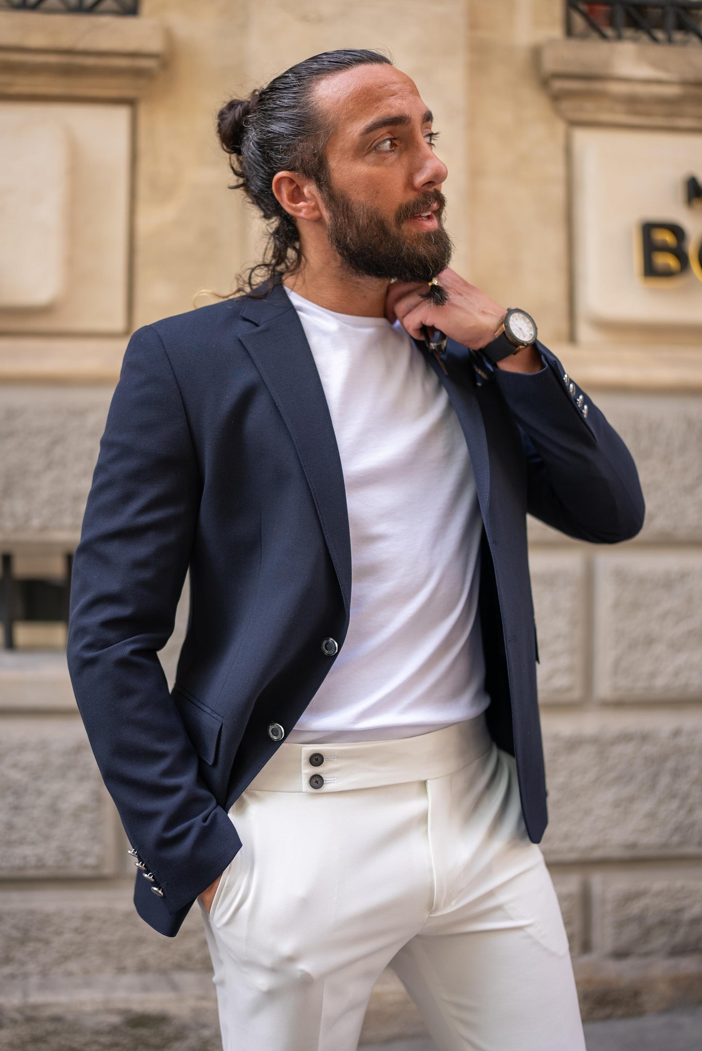 Navy Blue Slim Fit Mono Collar Blazer