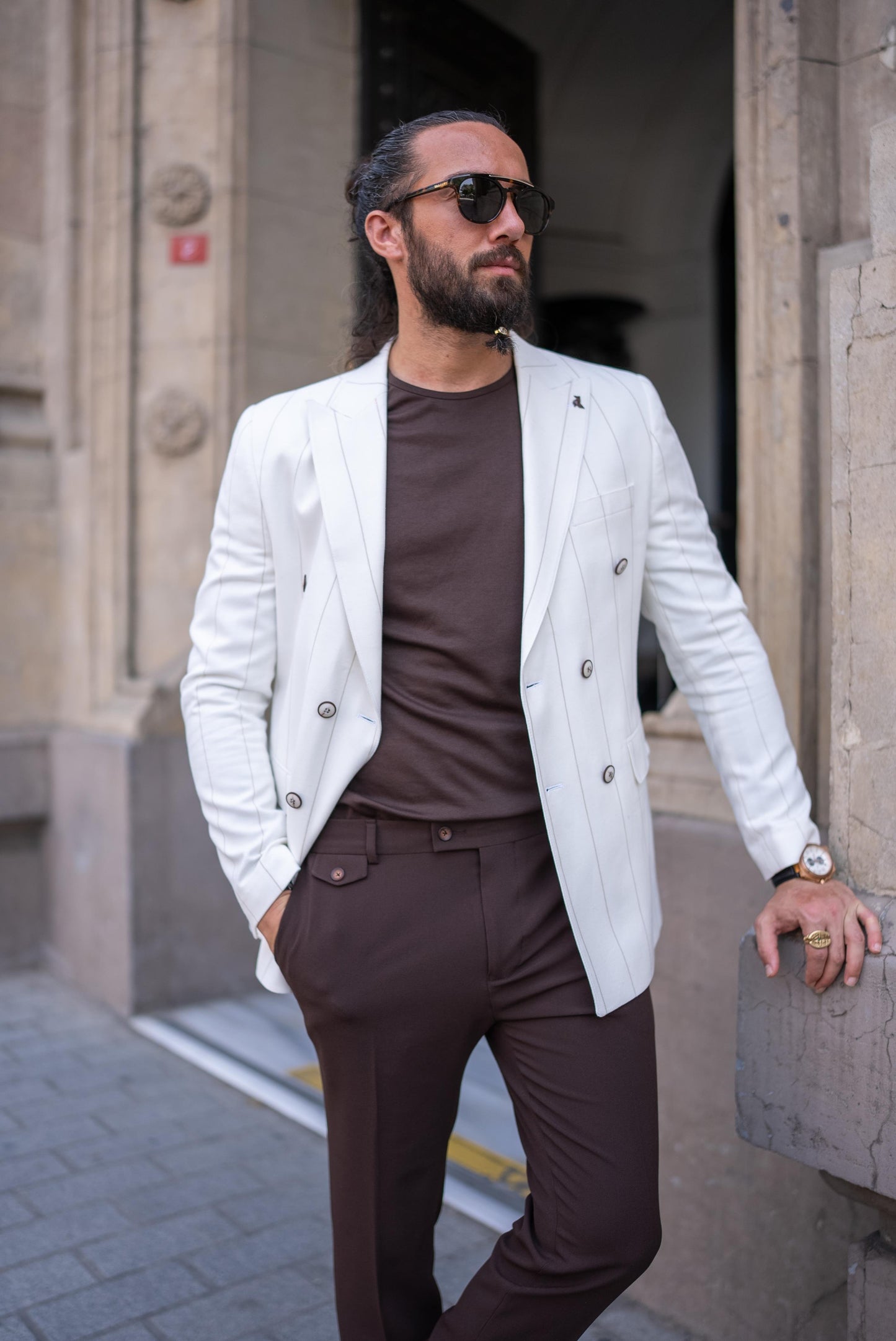 Linen Striped Double Breasted Blazer