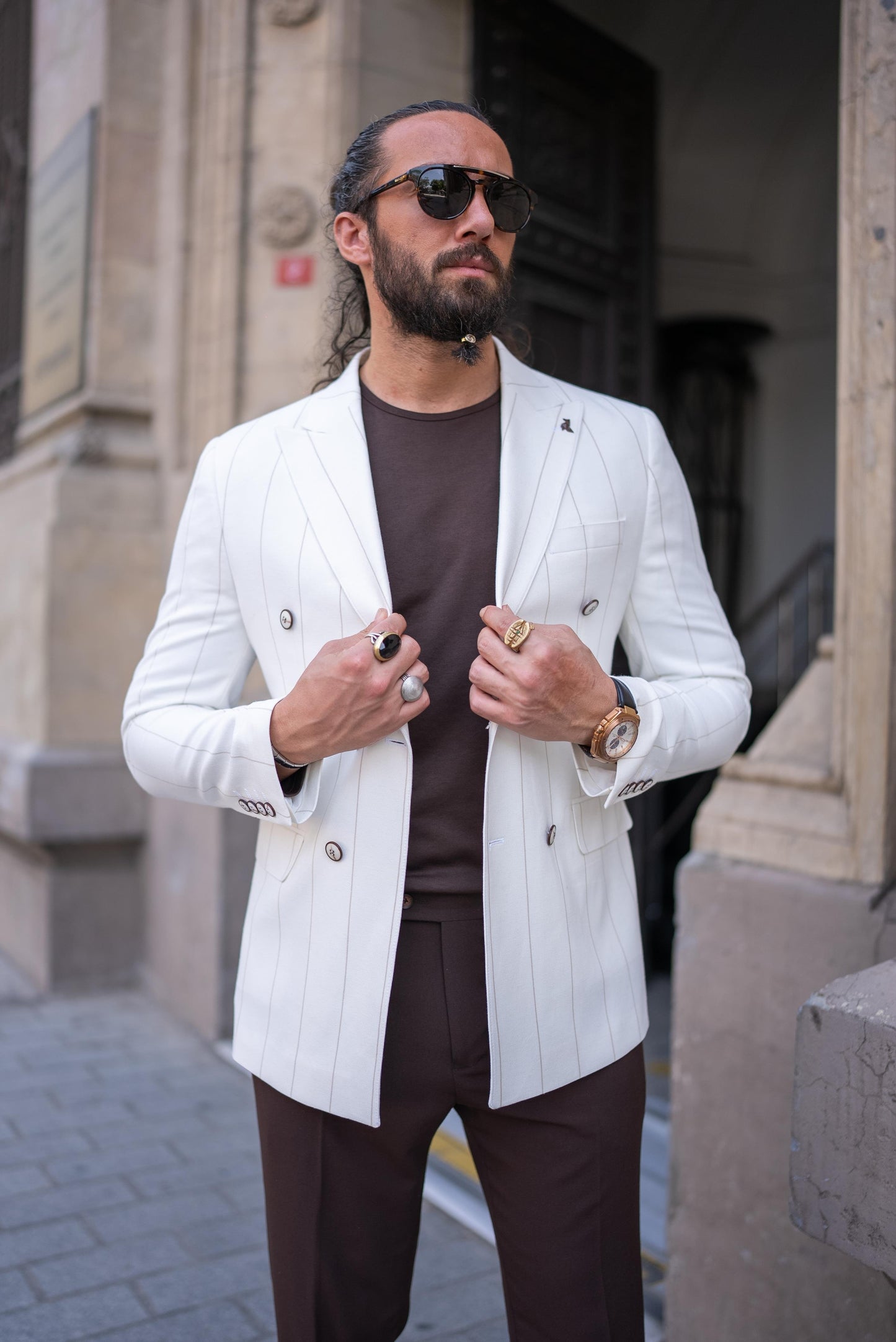 Linen Striped Double Breasted Blazer