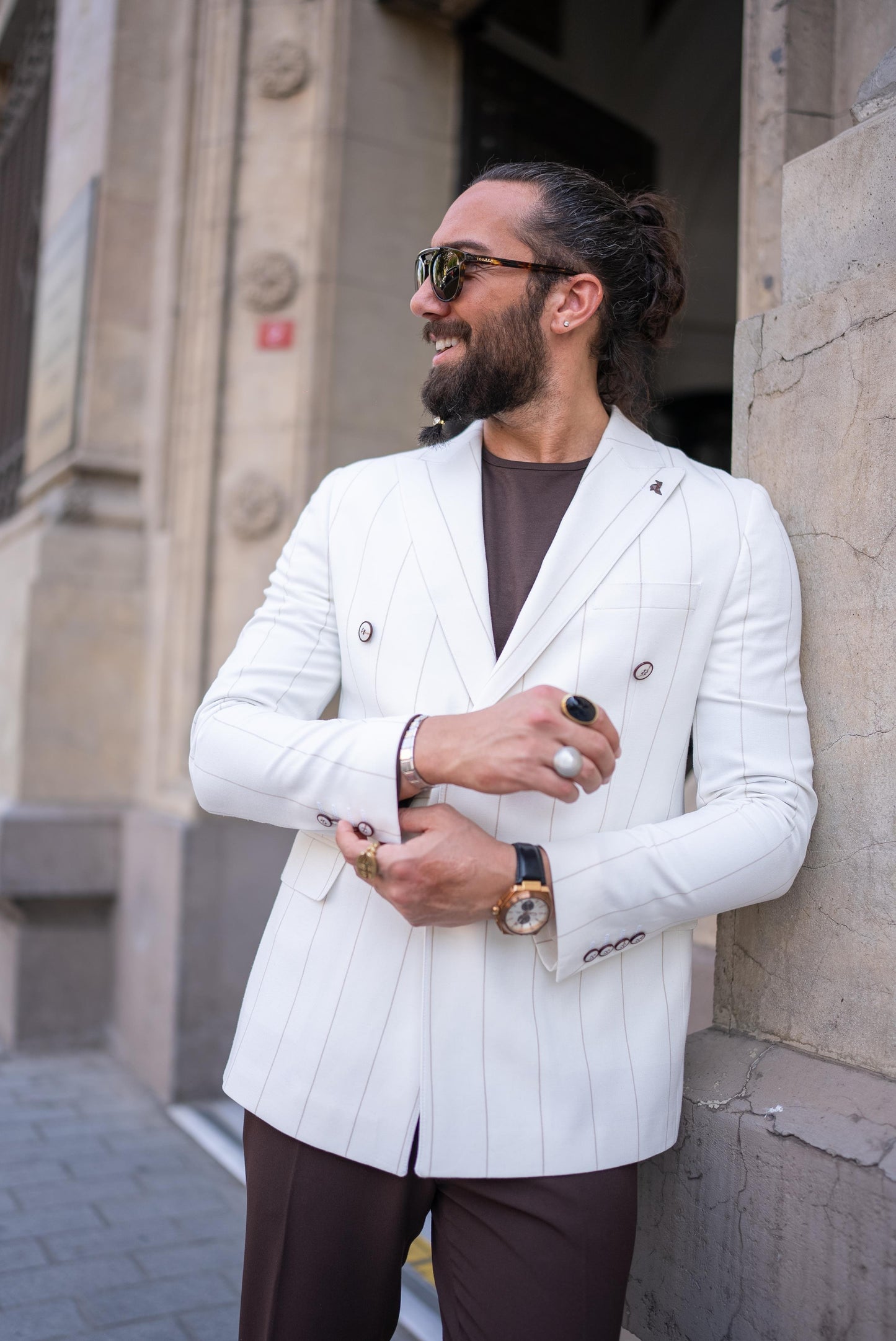 Linen Striped Double Breasted Blazer