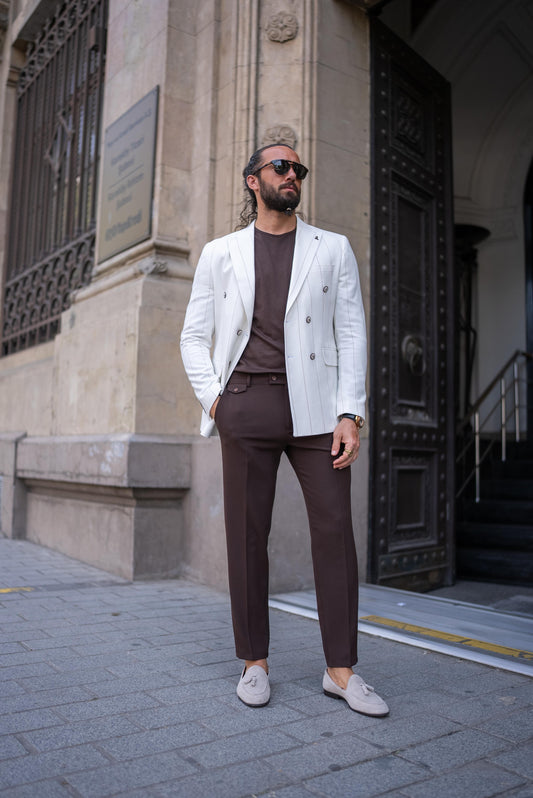 Linen Striped Double Breasted Blazer