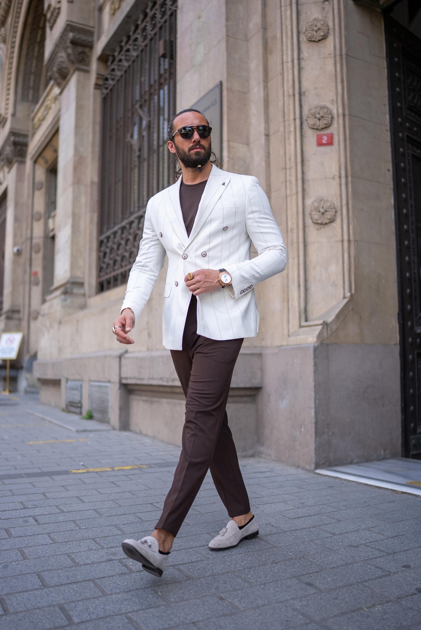 Linen Striped Double Breasted Blazer