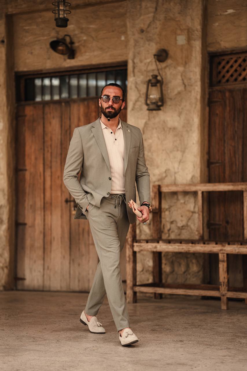 Olive Green Strip Suit