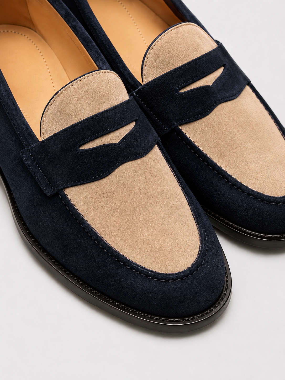 Navy Blue & Beige Penny Loafers