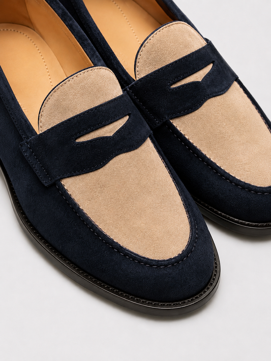 Navy Blue & Beige Penny Loafers