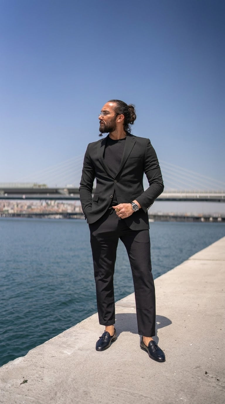 Black Slim Fit Mono Collar Blazer