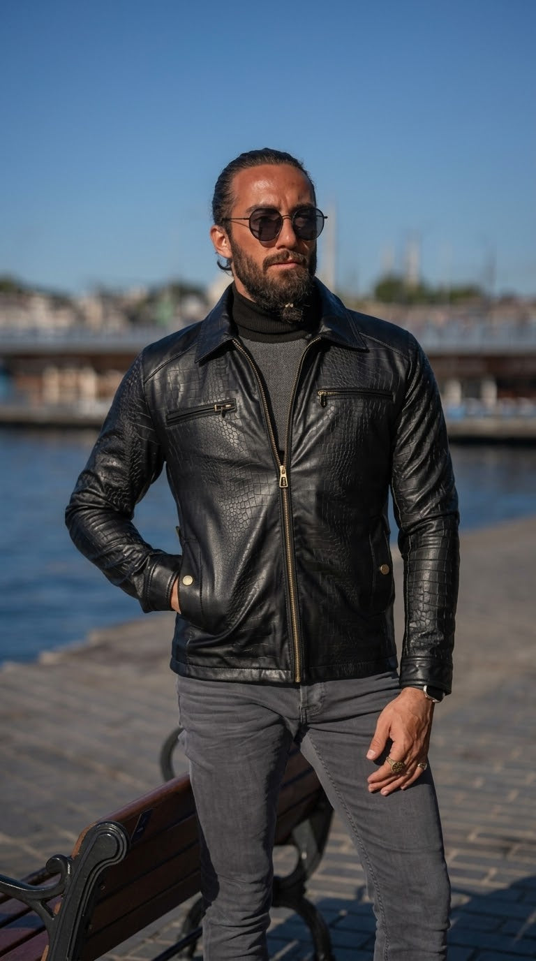 Slim Fit Special Design Leather black Jacket