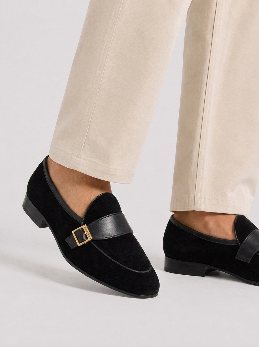 Black Suede Buckle Loafers