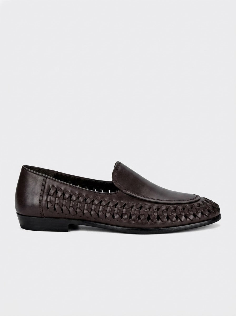 Dark Brown Woven Leather Loafers