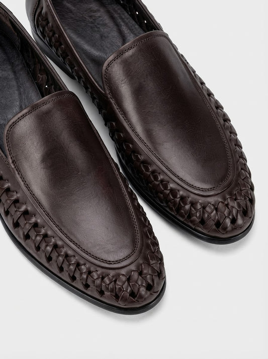 Dark Brown Woven Leather Loafers