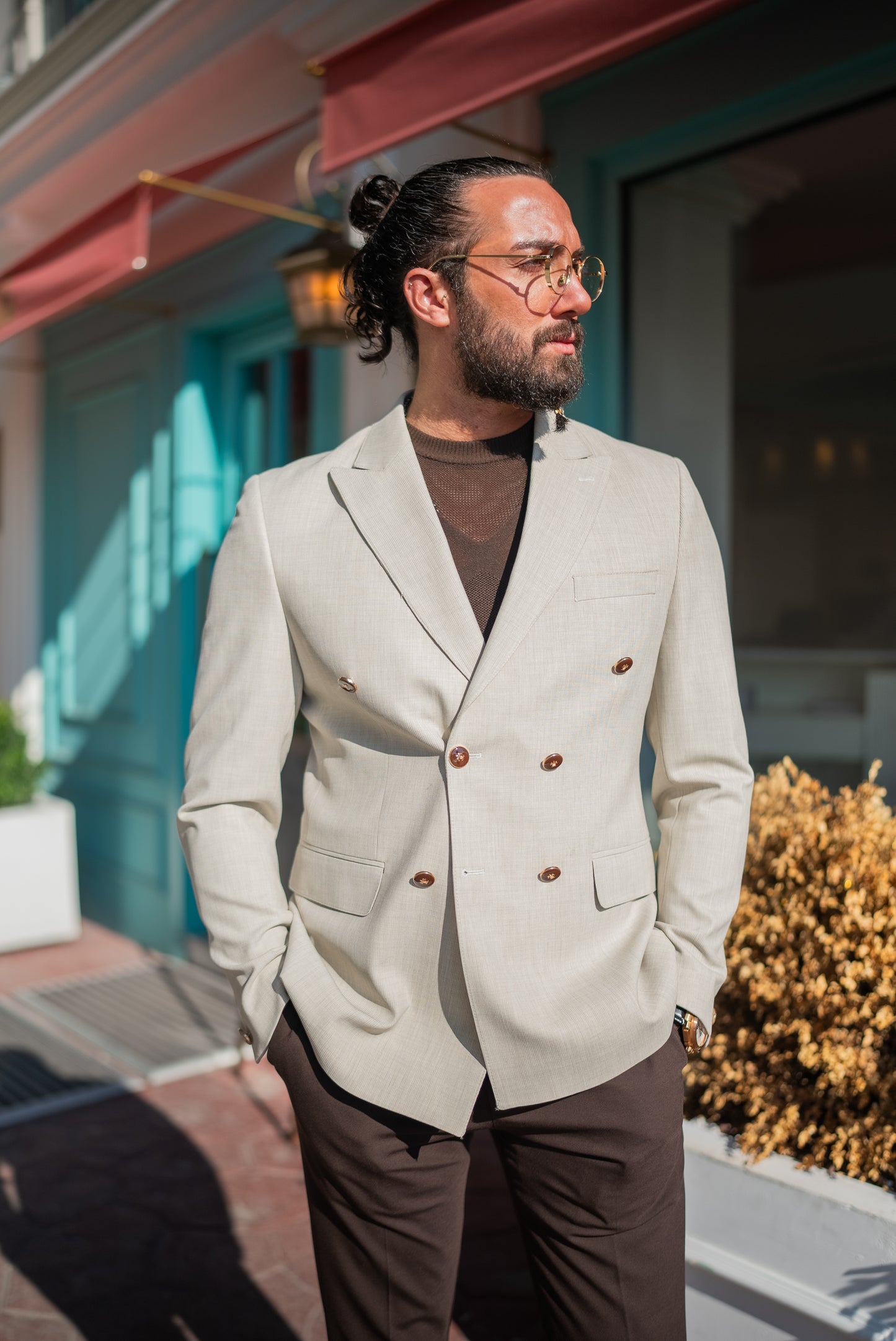 Beige Double Breasted Blazers