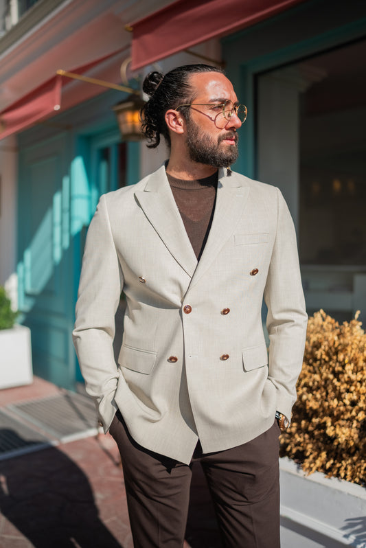 Beige Double Breasted Blazers