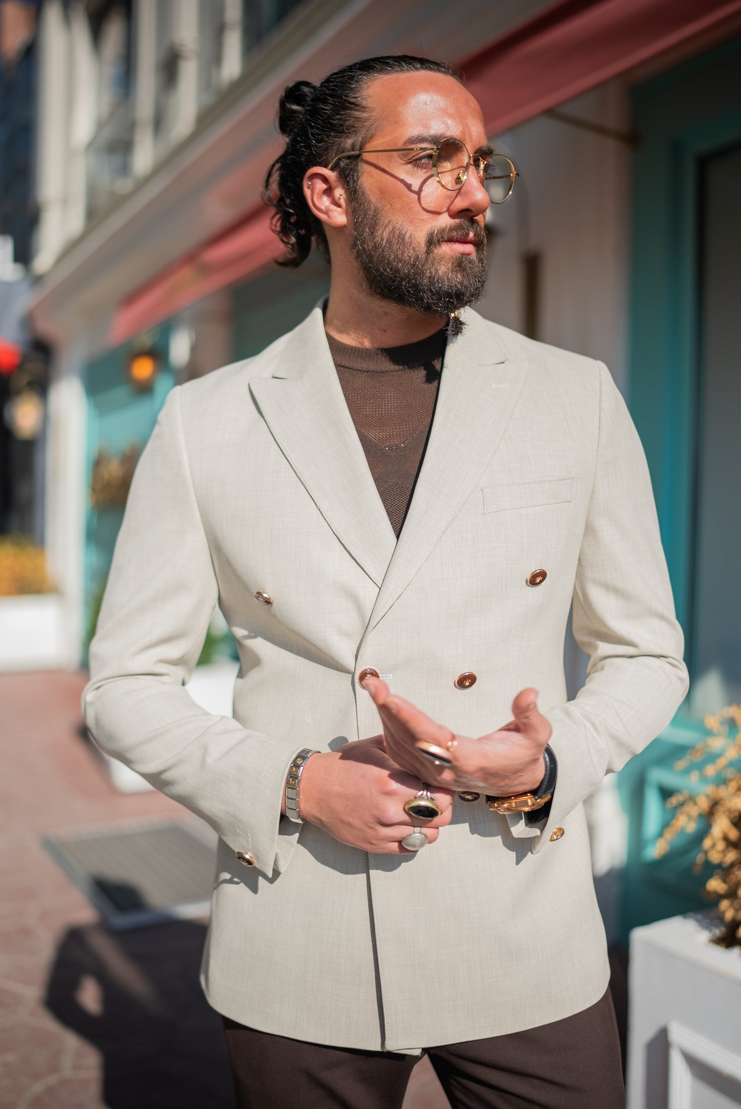 Beige Double Breasted Blazers