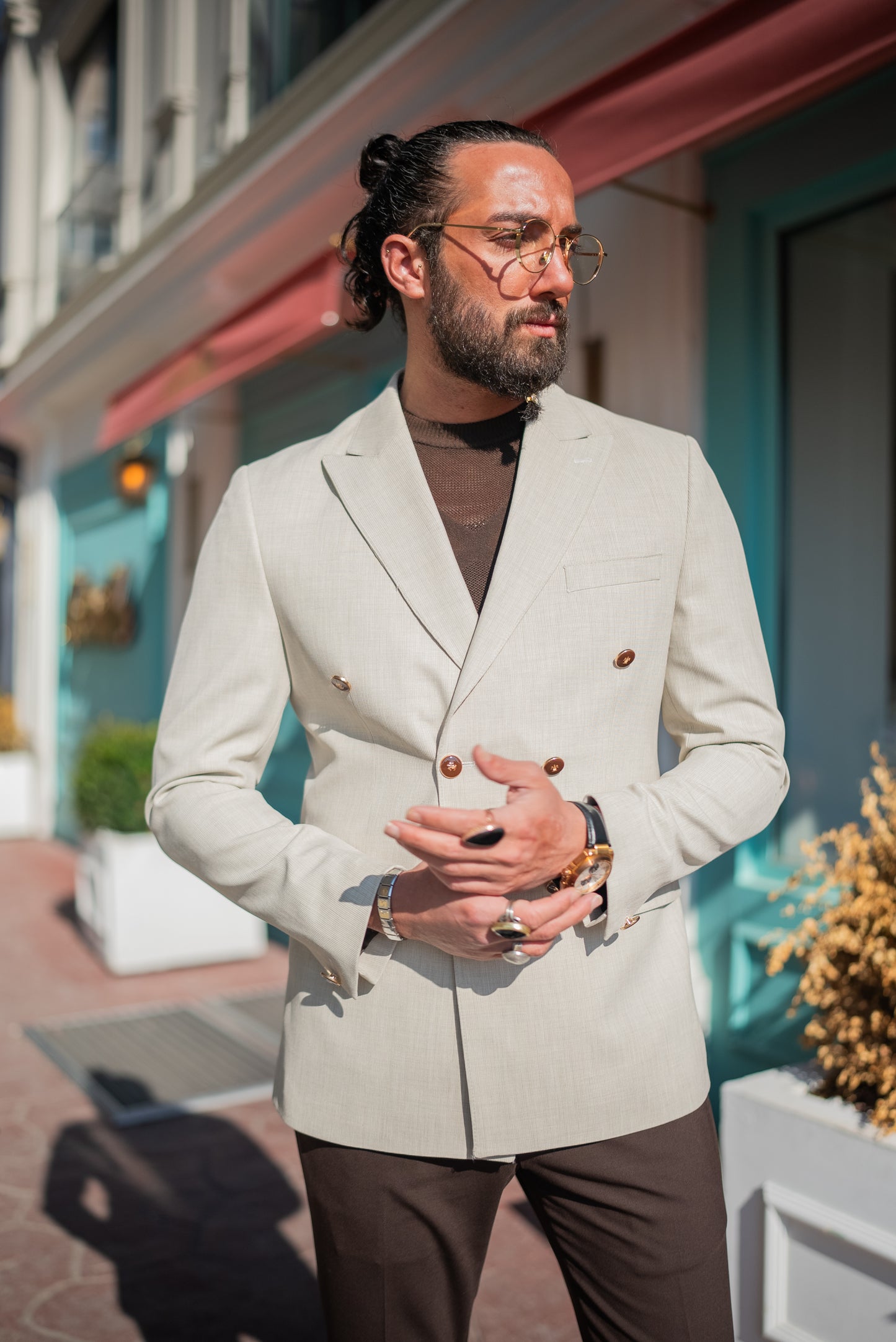 Beige Double Breasted Blazers