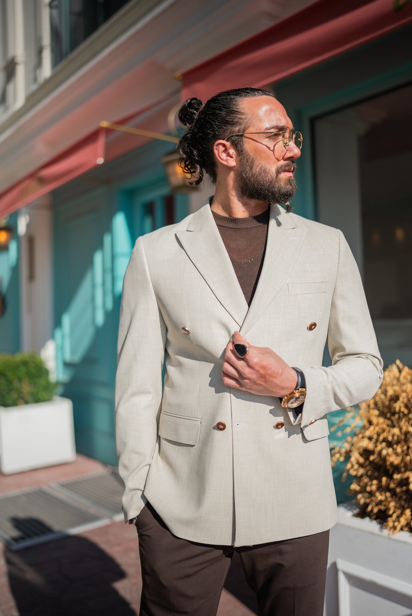 Beige Double Breasted Blazers