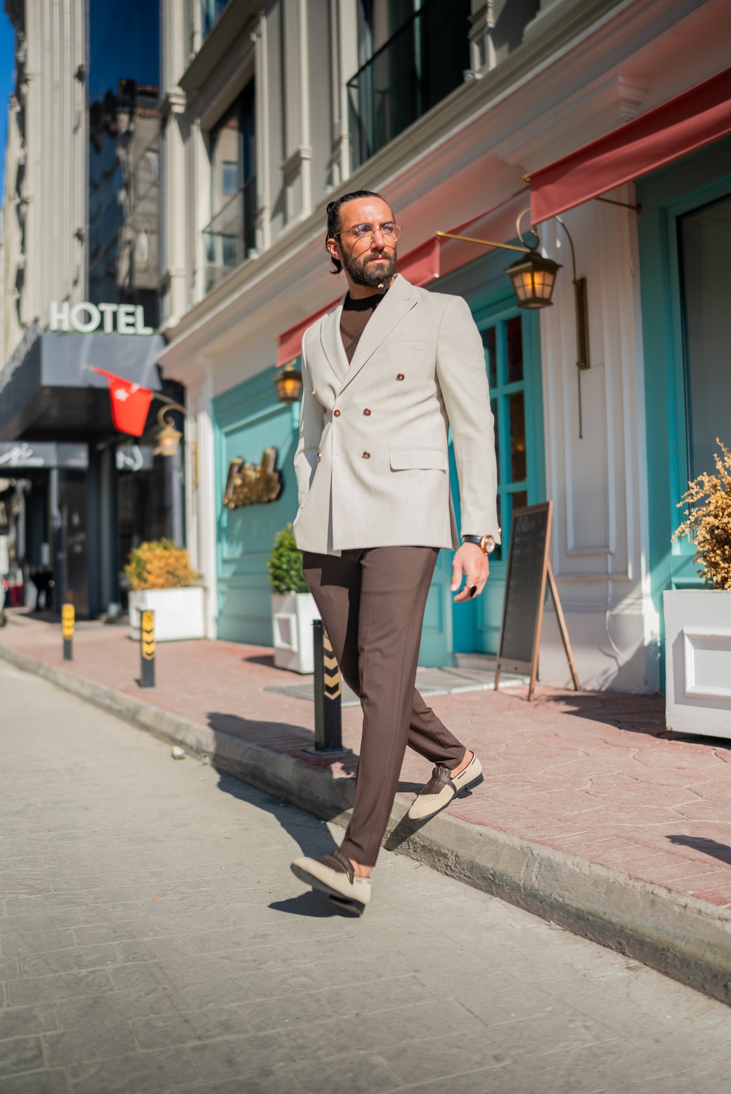 Beige Double Breasted Blazers