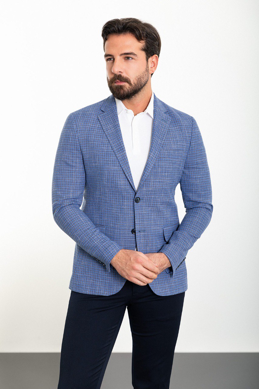 Navy Blue Small Check Slim Fit Blazer MB-016