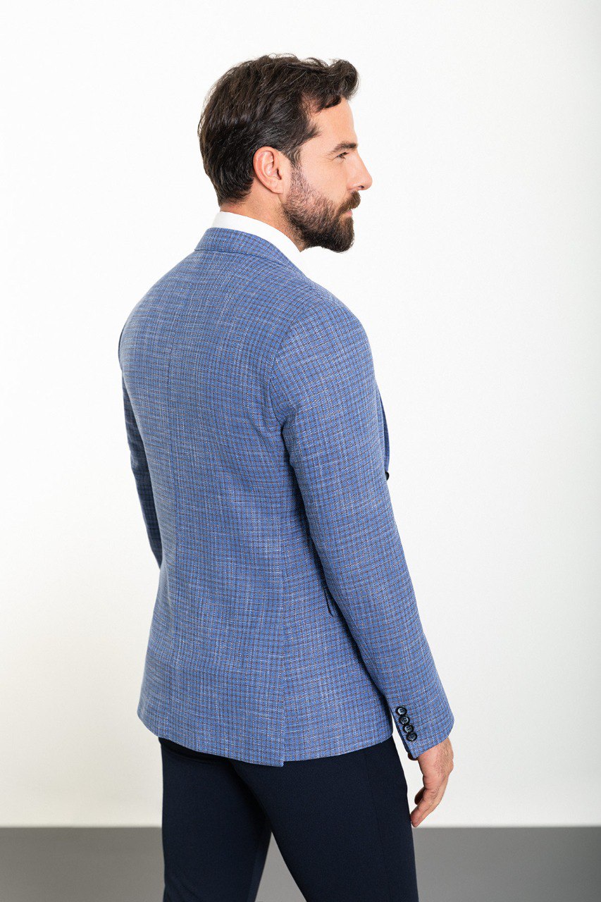 Navy Blue Small Check Slim Fit Blazer MB-016