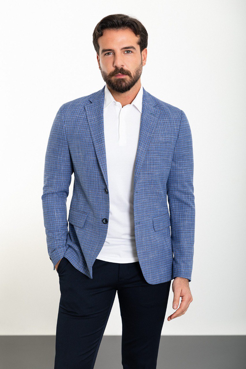 Navy Blue Small Check Slim Fit Blazer MB-016