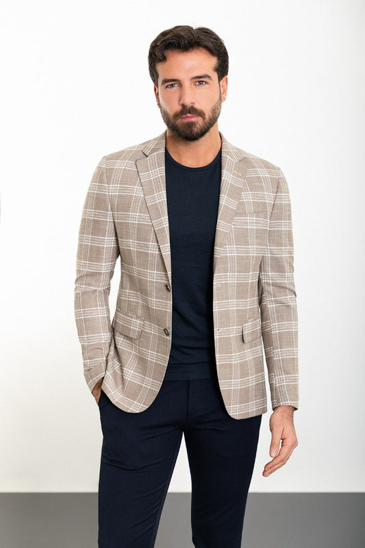 Beige Big Check Slim Fit Blazer MB-017