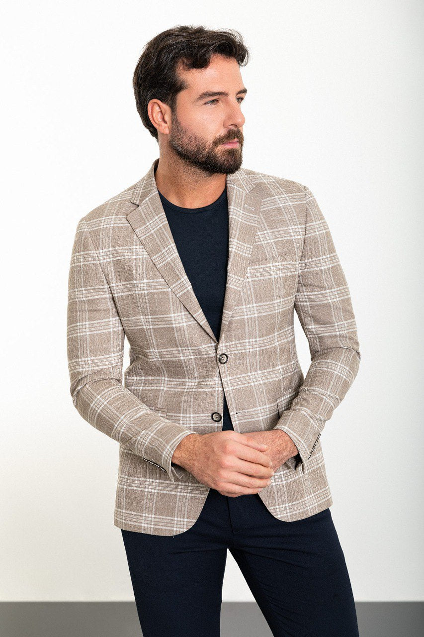 Beige Big Check Slim Fit Blazer MB-017