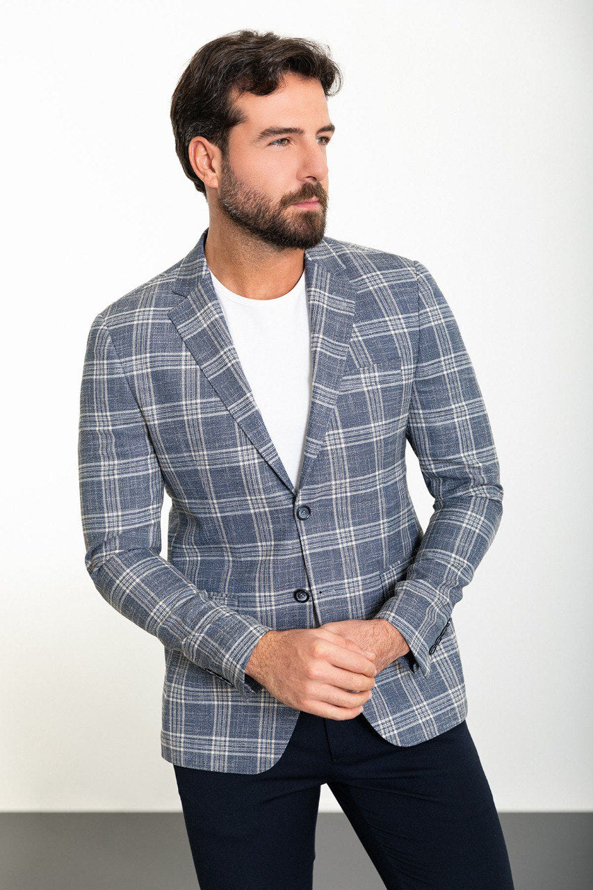 Grey Big Check Slim Fit Blazer MB-018