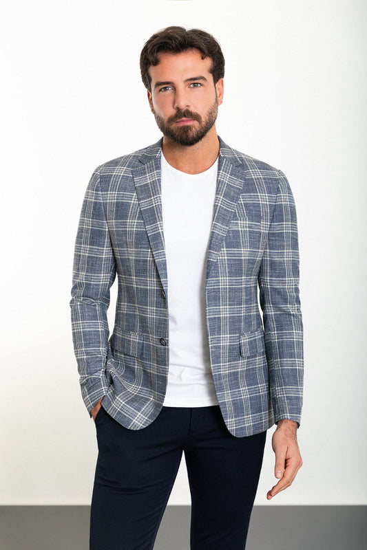 Grey Big Check Slim Fit Blazer MB-018