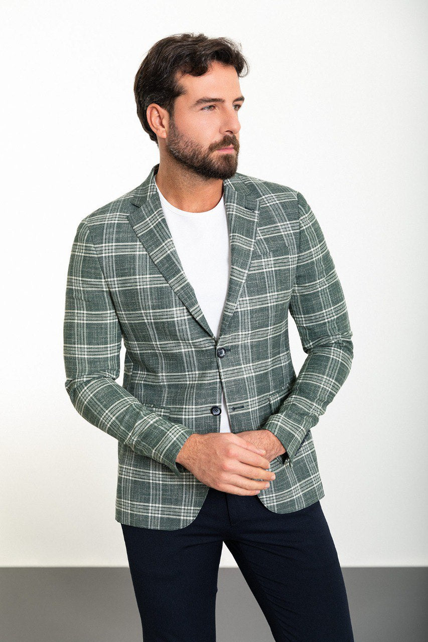 Green Big Check Slim Fit Blazer MB-019