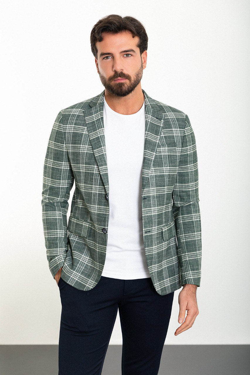 Green Big Check Slim Fit Blazer MB-019