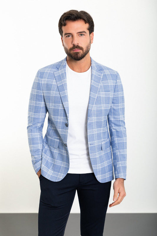 Ice Blue Check Slim Fit Blazer MB-021