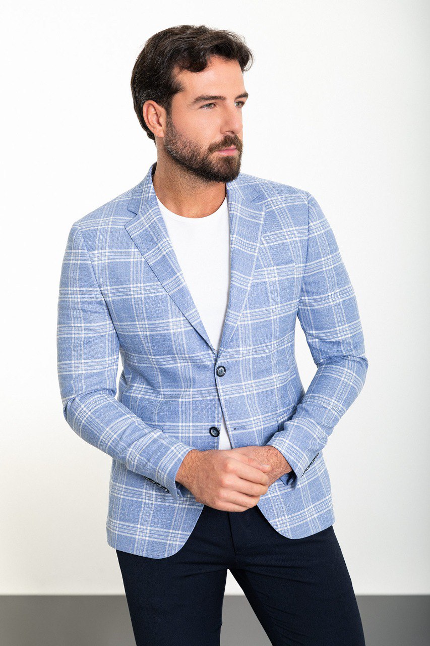 Ice Blue Check Slim Fit Blazer MB-021