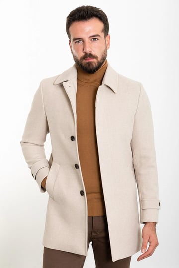 Plain Slim Fit Shirt Collar Belted Stitching Men's Coat