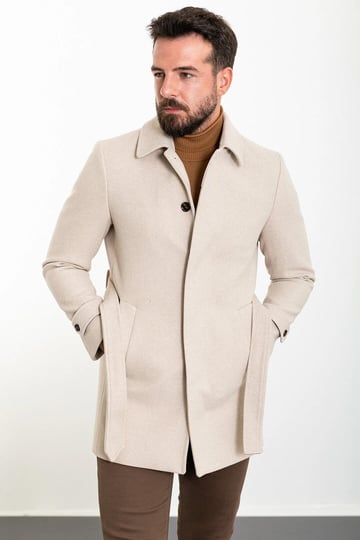 Plain Slim Fit Shirt Collar Belted Stitching Men's Coat