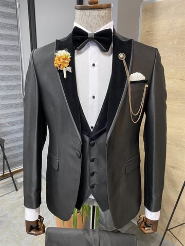 Slim Fit Velvet Detail Tuxedo with Peak Lapel