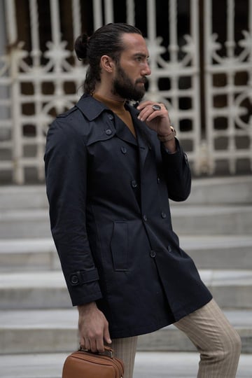 Special Design Slim Fit Wide Collar Trench navyblue Coat