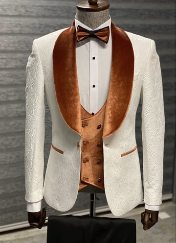 brown Velvet Collar and Double Button Detailed Special Design Wedding white Suit