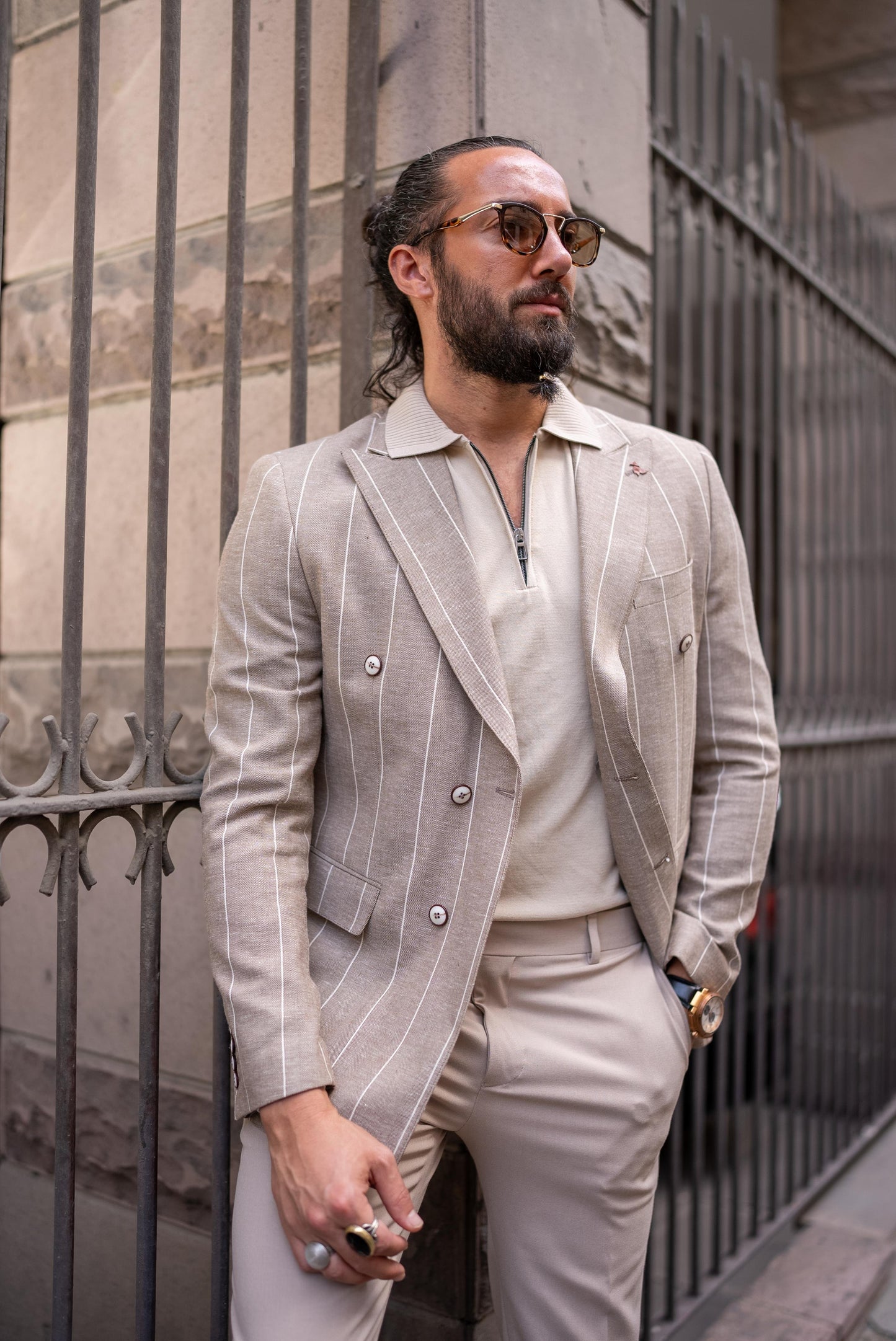 Beige Linen Striped Double Breasted Blazer