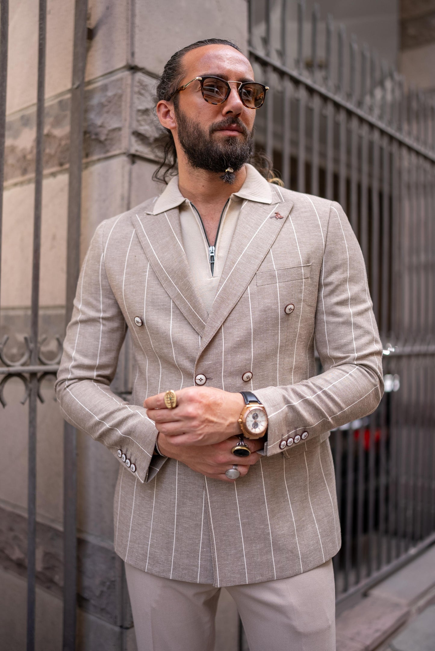 Beige Linen Striped Double Breasted Blazer