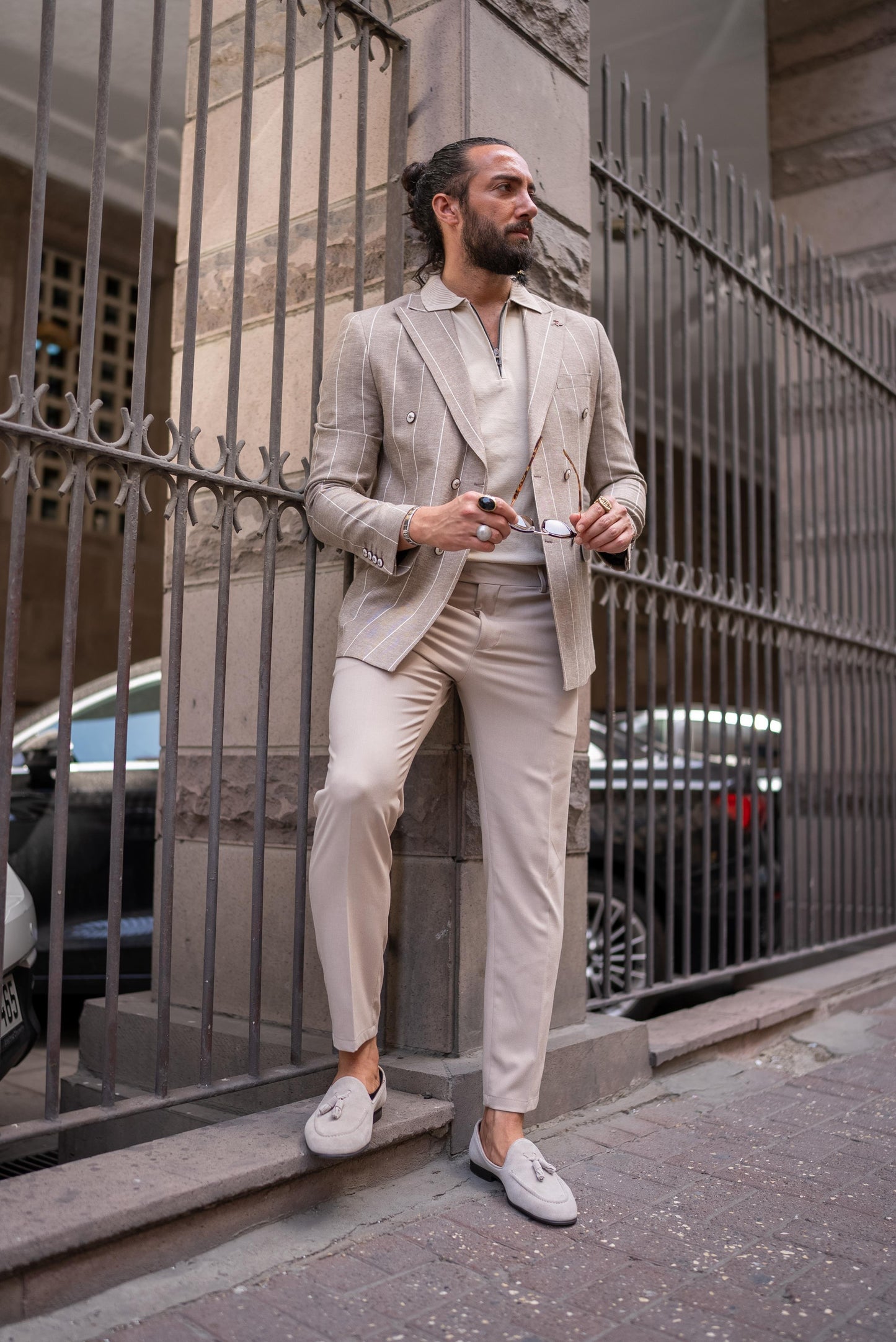 Beige Linen Striped Double Breasted Blazer