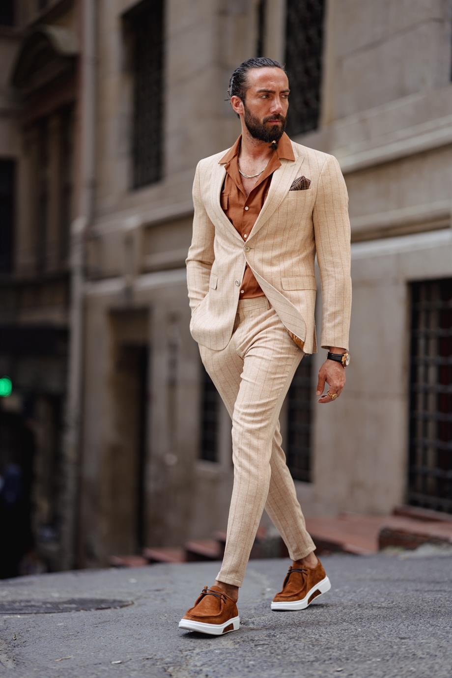 Men's Beige Detailed Slim Fit Suit