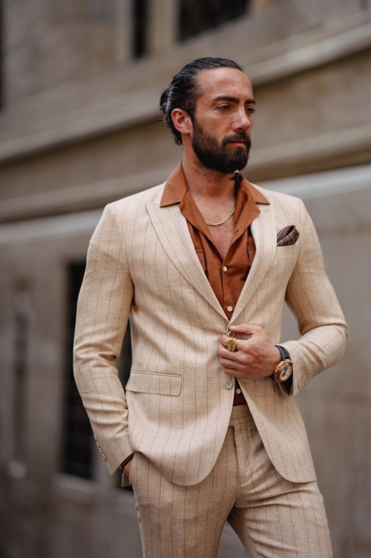 Men's Beige Detailed Slim Fit Suit