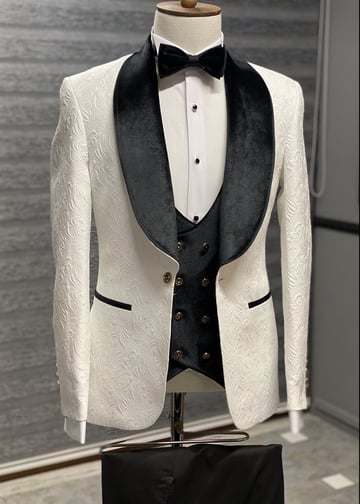 Black Velvet Collar and Double Button Detailed Special Design Wedding white Suit