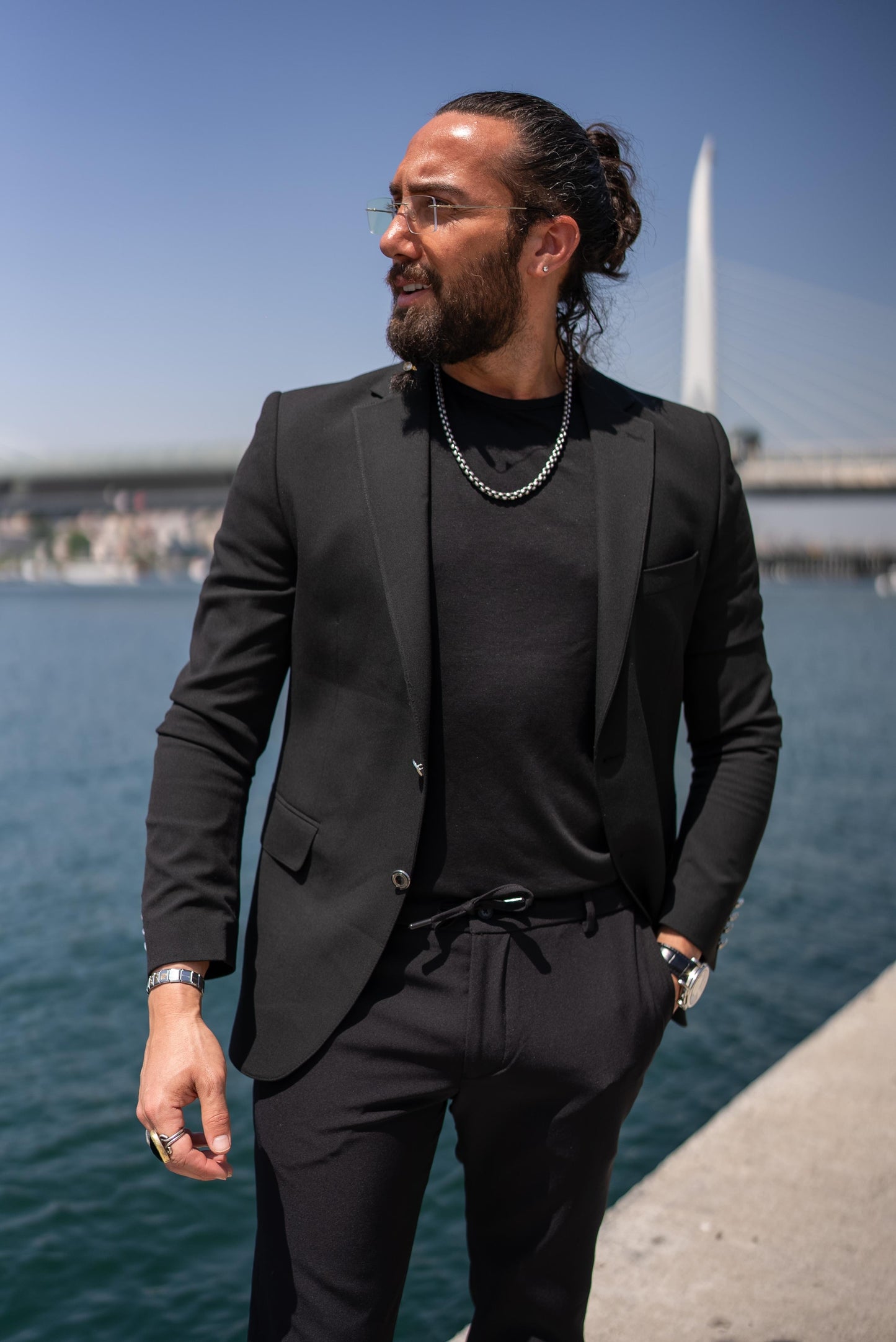 Black Slim Fit Mono Collar Blazer