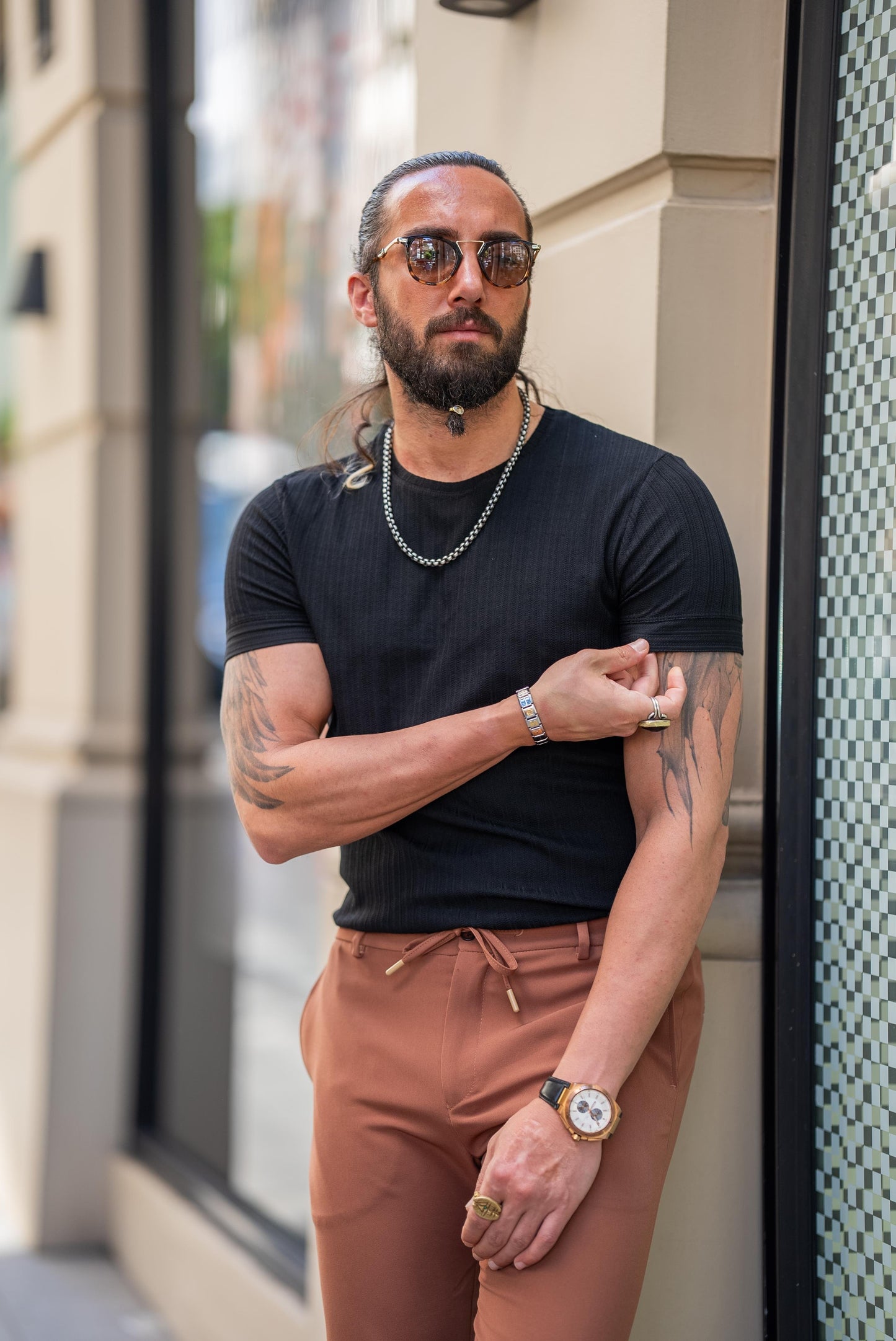 Black Patterned Short Sleeve Blue T-shirt