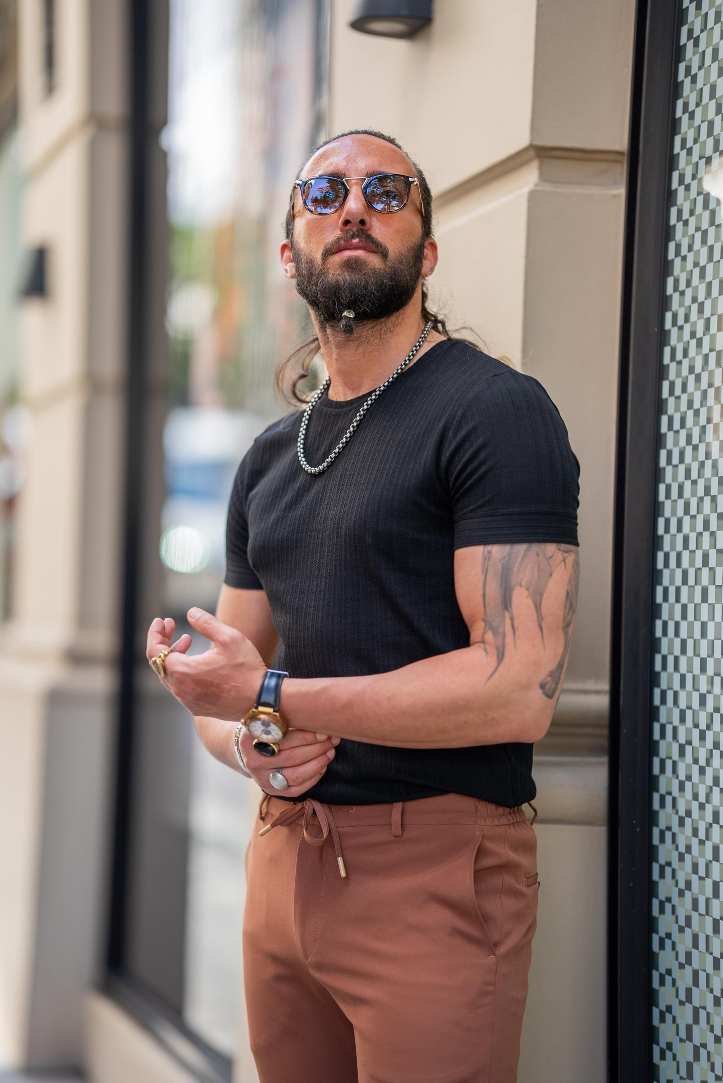 Black Patterned Short Sleeve Blue T-shirt